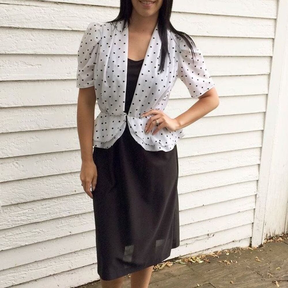 80s Polka Dot Peplum Dress Black White Sheer XS S - Picture 4 of 10